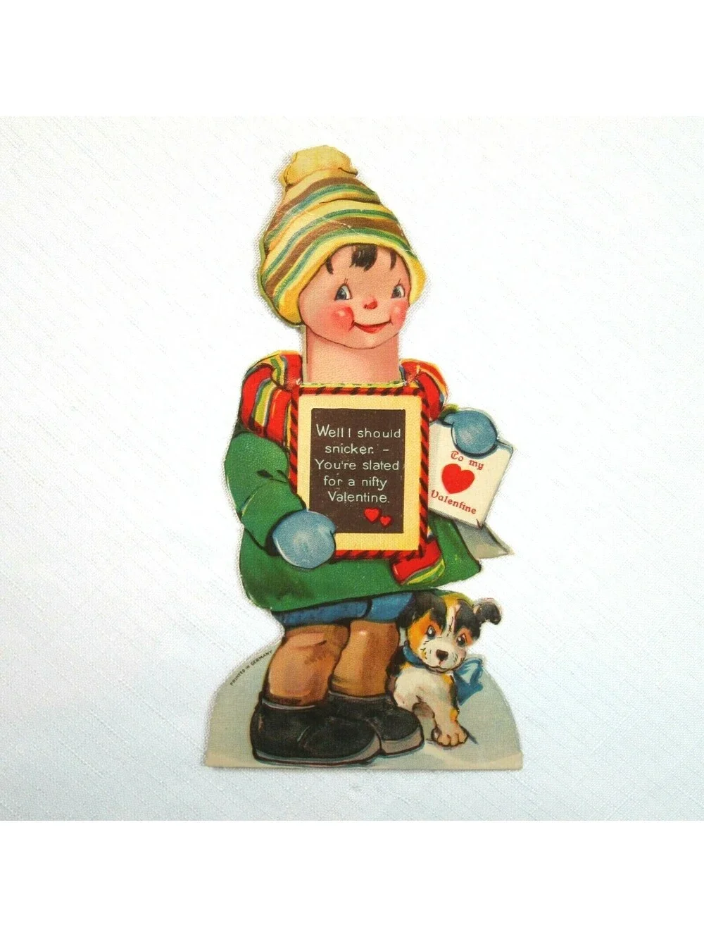 Vintage Valentine Card Boy & Puppy Dog Mechanical Moving Head Germany 20s-30s